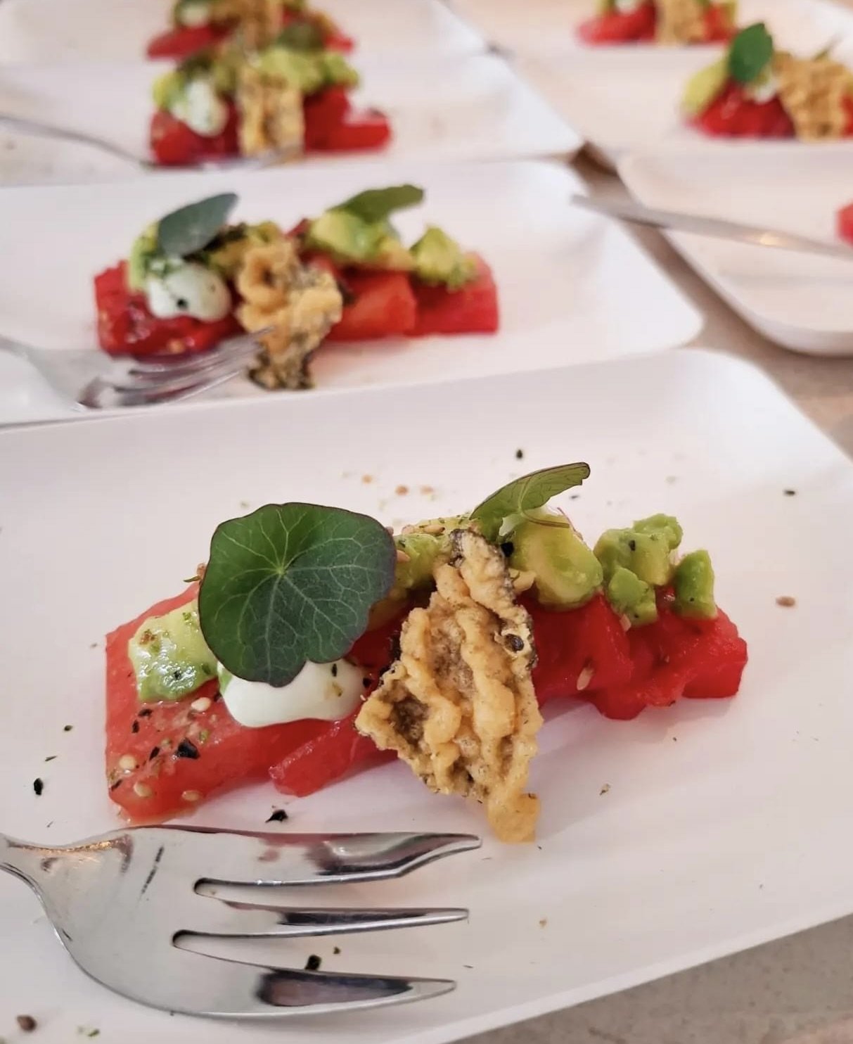 Borden met watermeloen, avocado, een krokant stukje en een blad Oost-Indische kers.